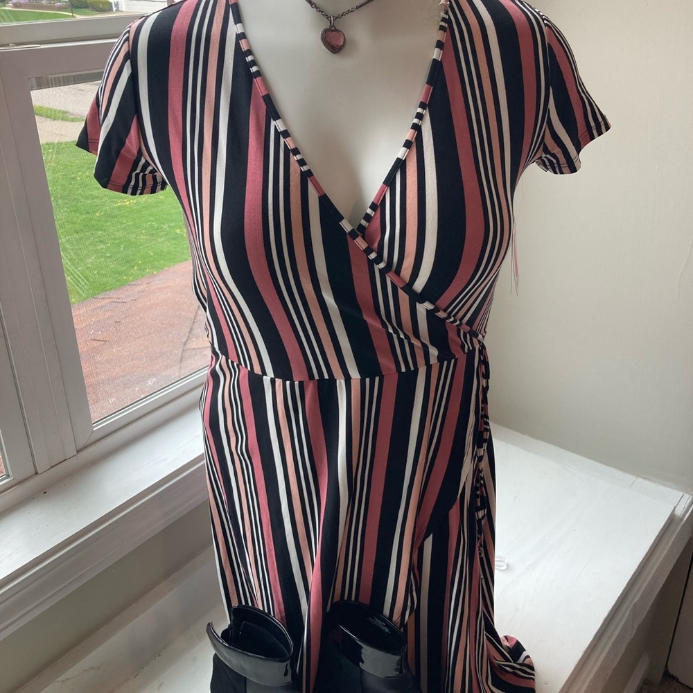 Pink and black stripe soft wrap dress